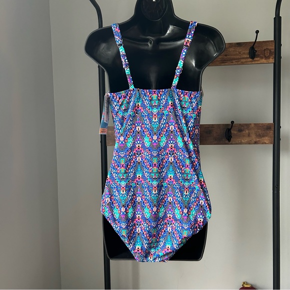 Swim Solutions Women's Tummy-Control Shirred One-Piece Swimsuit (Navy Multi, 12) - Picture 3 of 6